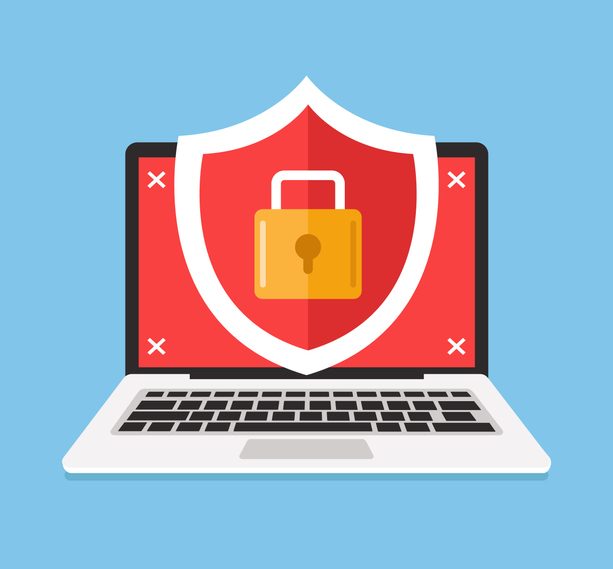 Secure laptop locked. Data and privet information protection concept. Vector flat cartoon illustration Computer use security