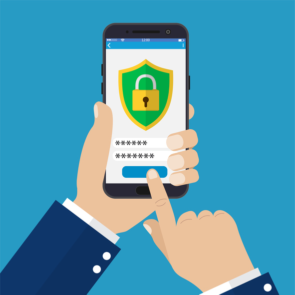 Mobile security app on smartphone screen. Hand holding phone. Vector illustration in flat style Login security phone image