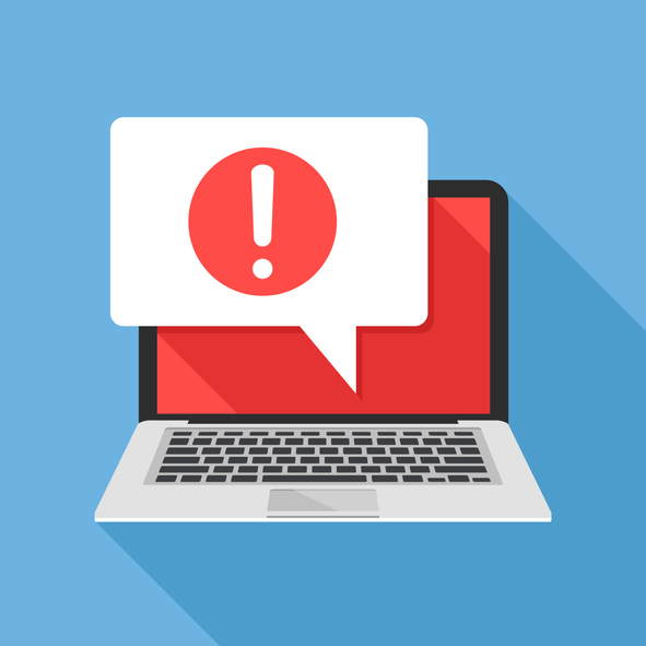 Notification. Laptop and speech bubble with exclamation mark icon on screen. Computer message, warning concepts. Modern flat design graphic elements. Long shadow design. Vector illustration fraud alert
