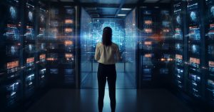 Successful Female Data Center IT Specialist Using Tablet Compute